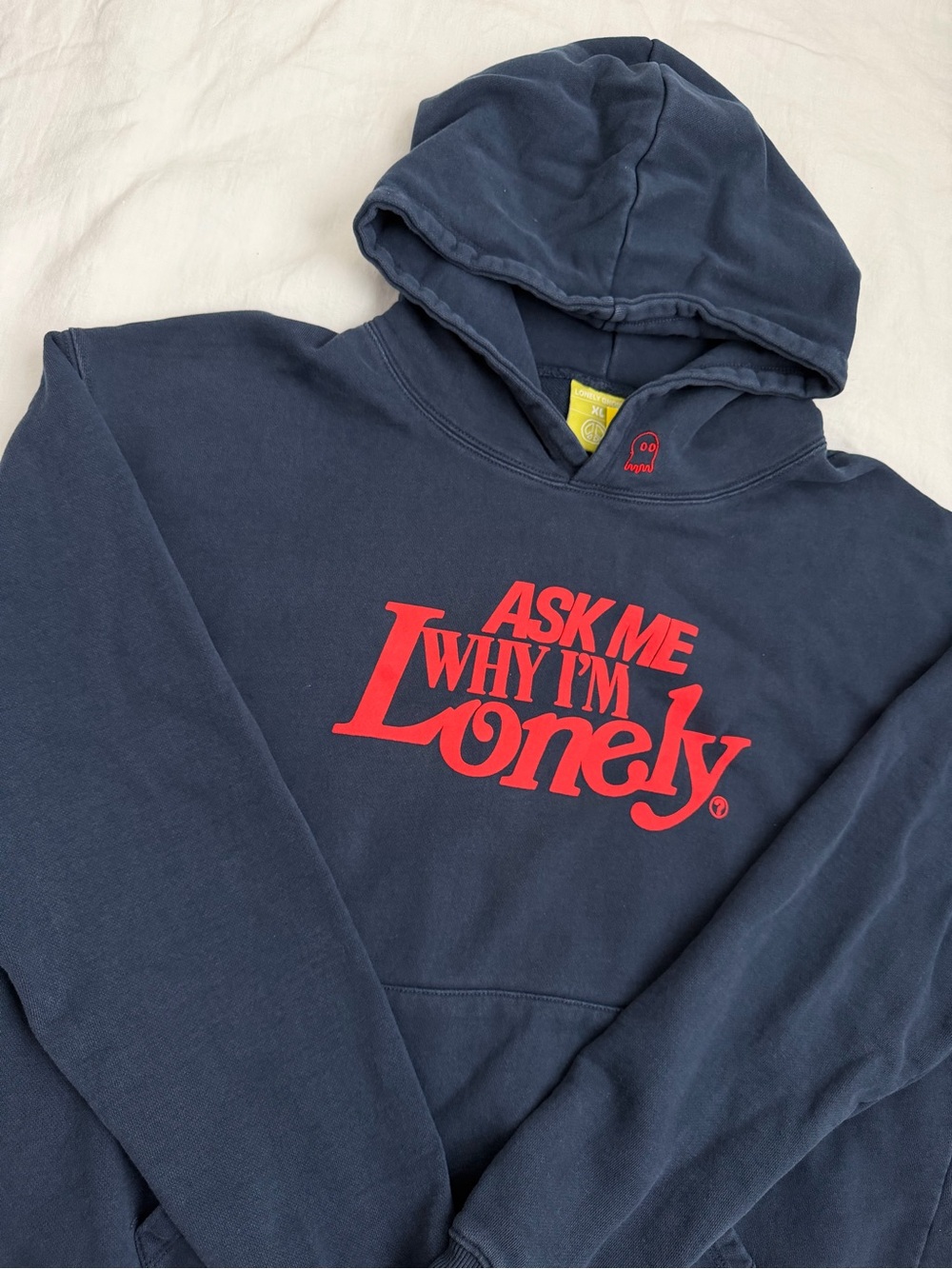 LONELY GHOST Navy Blue Hoodie with Red Ghost Embroidery